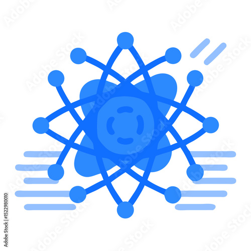 Glowing atom symbol with orbiting electrons in blue flat style