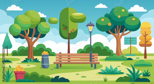 Scenic Public Park with Trees, Bench, and Flowers – Vector Nature Illustratio