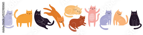 Cute kittens with floral elements. Childish characters with different emotions - joy, happiness and others. Vector illustration for your design.