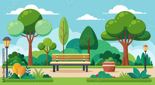 Scenic Public Park with Trees, Bench, and Flowers – Vector Nature Illustratio