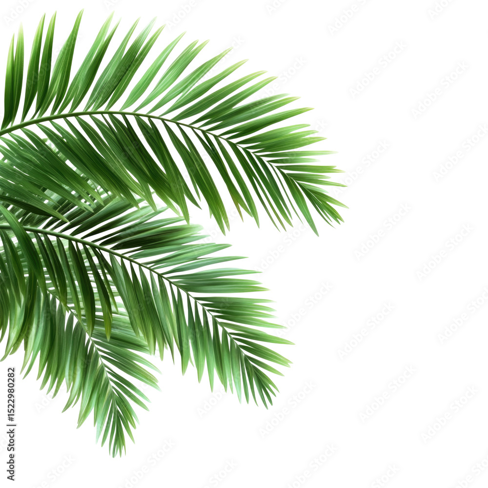 Green palm leaves with detailed textures and vibrant color isolated on a transparent background, cutout PNG Green palm leaves with detailed textures and vibrant color isolated on a transparent background, cutout PNG
