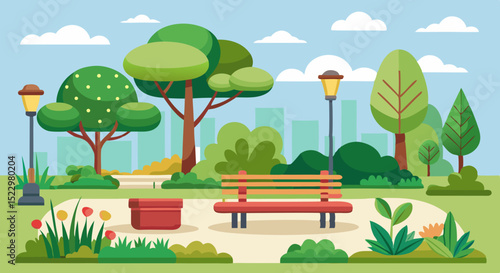 Scenic Public Park with Trees, Bench, and Flowers – Vector Nature Illustratio