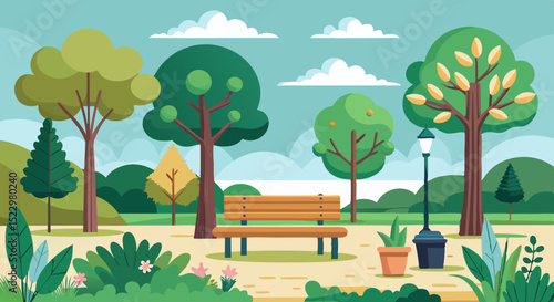 Scenic Public Park with Trees, Bench, and Flowers – Vector Nature Illustratio