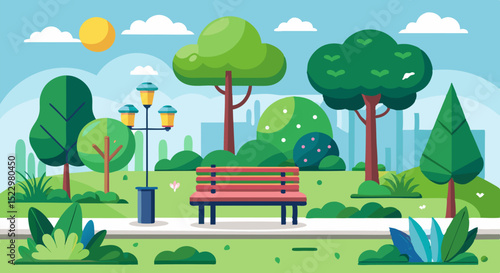 Scenic Public Park with Trees, Bench, and Flowers – Vector Nature Illustratio