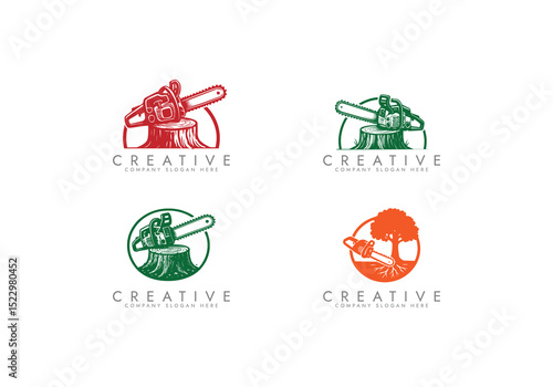 chainsaw logo tool ,Chainsaw and Tree Stump Emblem vector illustration logo design