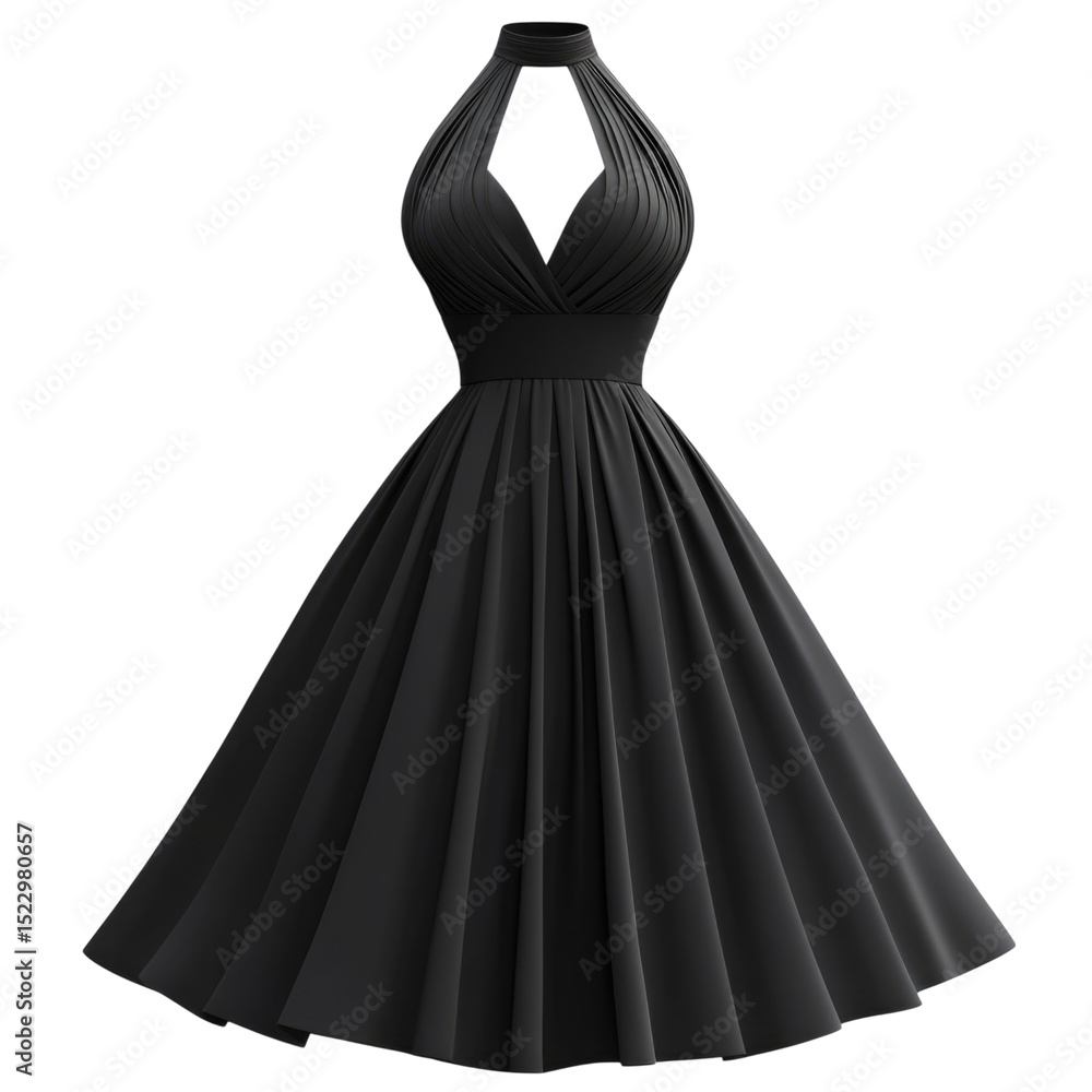 Elegant black halter dress with pleated design and flared skirt suitable for formal occasions transparent background, cutout PNG Elegant black halter dress with pleated design and flared skirt suitable for formal occasions transparent background, cutout PNG