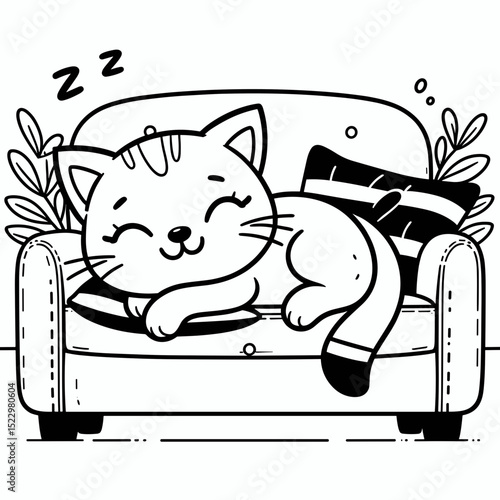 Cute cat sleeping on sofa in black and white 