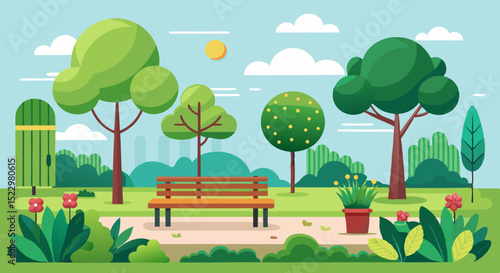 Scenic Public Park with Trees, Bench, and Flowers – Vector Nature Illustratio