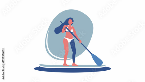 A girl s serene escape gliding on a paddleboard with ocean s embrace and sun kissed freedom in flat vector art