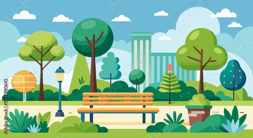 Scenic Public Park with Trees, Bench, and Flowers – Vector Nature Illustratio