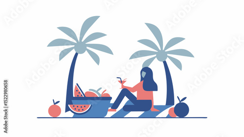 A serene woman enjoying a cocktail under palm trees on a tropical beach getaway with clean vector art and