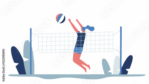 A spirited volleyball player spikes the ball with power and grace over the net in dynamic competition with