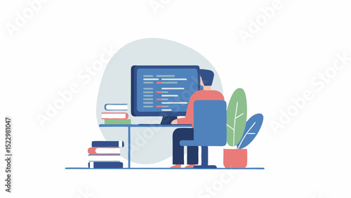 A dedicated software engineer focused on crafting code in their minimalist bright workspace with stack of