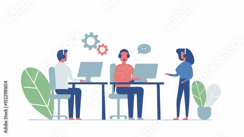 Collaborative support team resolving problems with headsets on illustration style clean vector design and