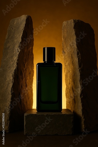 Elegant Green Perfume Bottle Between Stones Dramatic Lighting Luxurious Fragrance Scent Product Photography