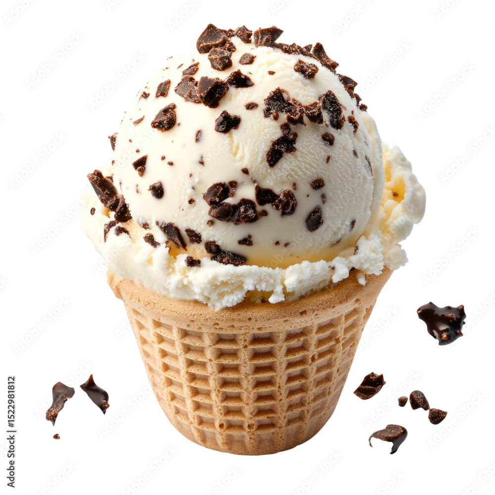 Fototapeta premium Delicious vanilla ice cream with chocolate flakes in a waffle cone, dessert treat, transparent background, cutout PNG