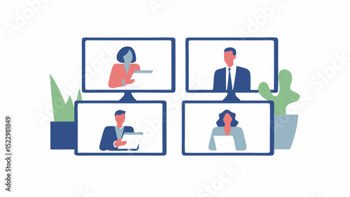 Joining the virtual call with professional team members in a dynamic and modern office setting on multiple