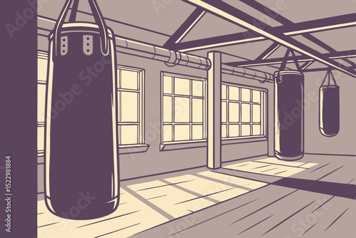 Boxing gym indoor view with punching bags and soft window light design