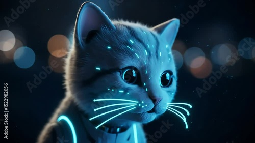 Futuristic Animal Cyber Cat with Glowing Neon Eyes in a Dark Sci-Fi Environment
