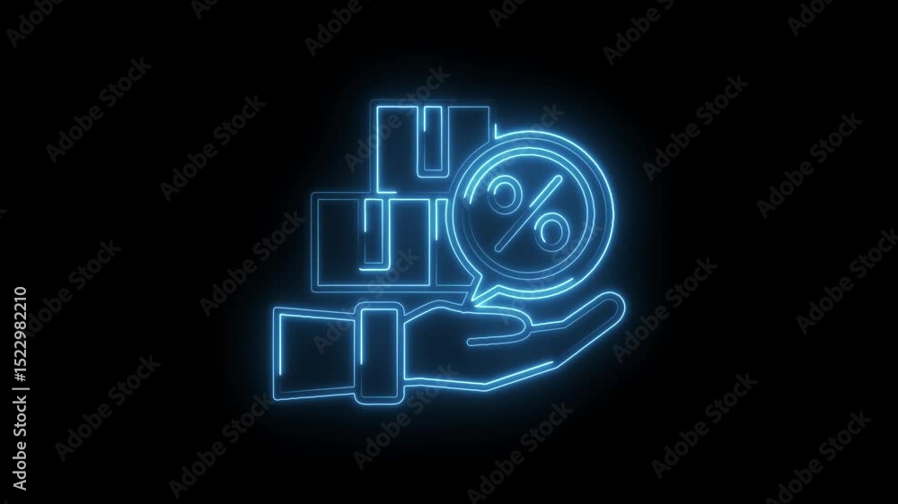 Neon discount offer on boxes held in hand on black background animated Neon discount offer on boxes held in hand on black background animated