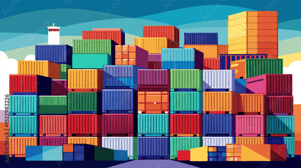 Fototapeta premium Colorful Shipping Containers Stacked at Port During Sunset – Logistic and Cargo Concept