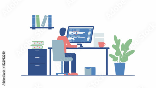 Immersed coder absorbed in work focused on problem solving at their desk with soft vectorized lines and clean