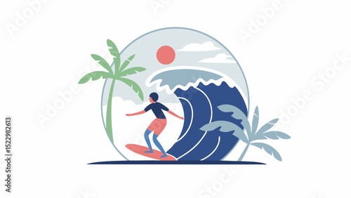 A surfer riding a majestic blue wave amidst tropical palms experiencing the thrill of ocean adventure in