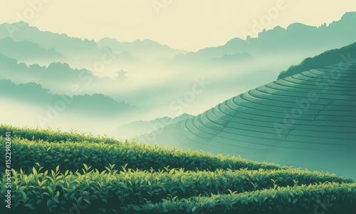 Misty mountain view with tea fields