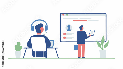 Providing customer support connecting with people using a headset while looking at a web screen in modern flat