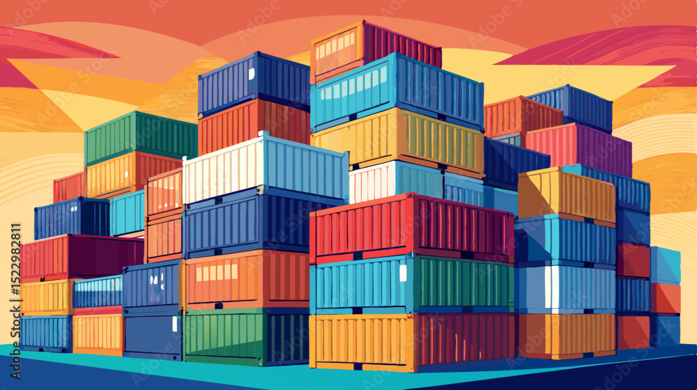 Fototapeta premium Colorful Shipping Containers Stacked at Port During Sunset – Logistic and Cargo Concept