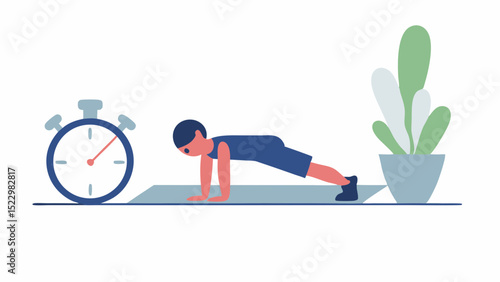 Focused workout A person doing a plank on a mat next to a timer and a plant achieving fitness goals with