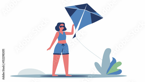 A girl in blue shorts flying a beautiful kite on a bright summer day embracing the joy of childhood with flat