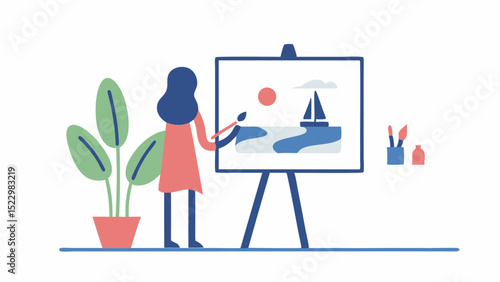 A young artist passionately painting a sailboat on a canvas capturing the essence of a serene sea with digital