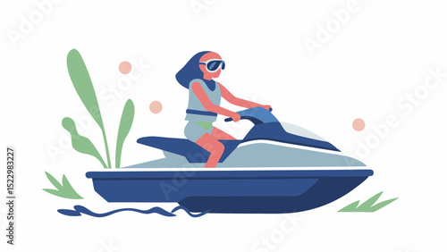Embracing the sun kissed freedom a woman conquers waves on a vibrant jet ski adventure in summer with a flat