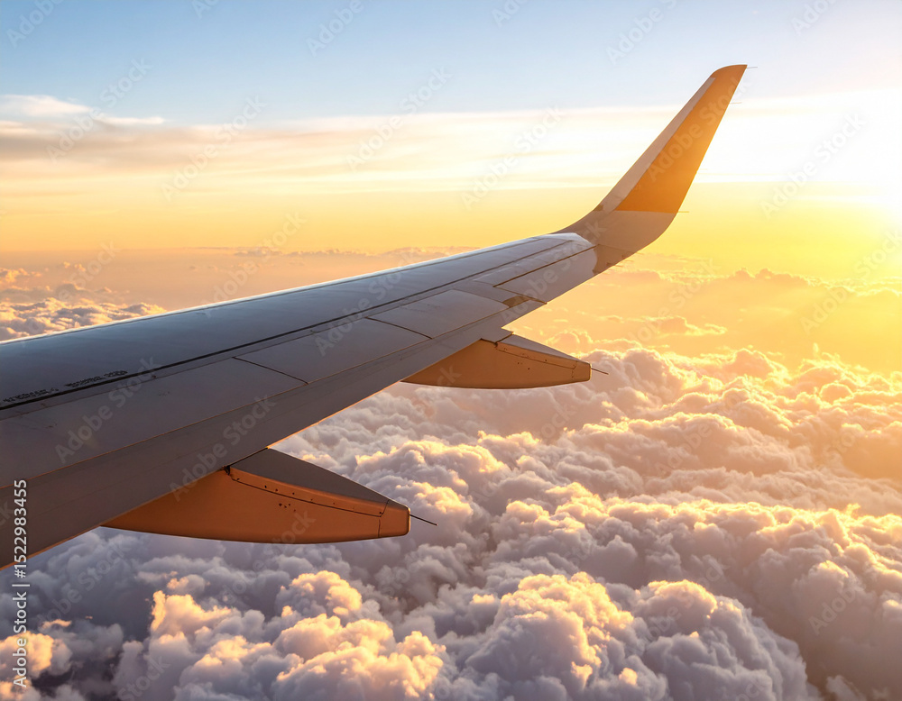 Obraz premium Airplane wing viewed above white clouds during golden hour with soft sunlight.
