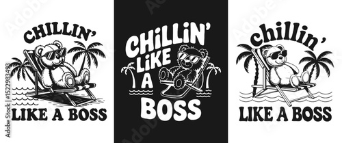 Black and White Vector Illustration of a Cool Bear with Sunglasses Relaxing on a Beach Chair with Palm Trees and Ocean Waves, Featuring the Slogan "Chillin' Like a Boss". Perfect for Apparel