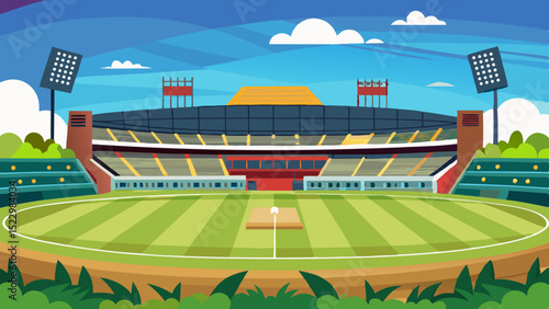 Modern Football Stadium Illustration with Green Field and Seating Area

