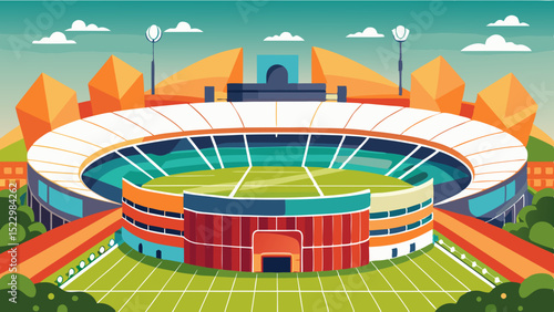 Modern Football Stadium Illustration with Green Field and Seating Area

