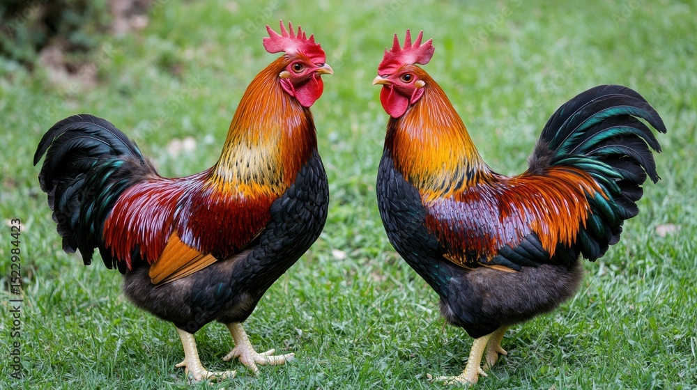 Fototapeta premium Two beautiful roosters, full-body shot, standing on the grass in an outdoor setting