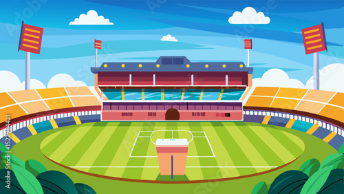 Modern Football Stadium Illustration with Green Field and Seating Area

