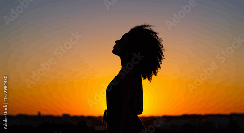 Mixed Race Woman Relaxing and Breathing Fresh Air Outdoors at Sunset - Tranquility Peace