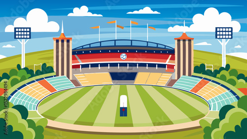 Modern Football Stadium Illustration with Green Field and Seating Area

