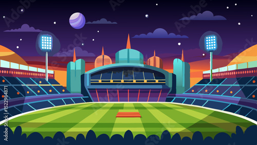 Modern Football Stadium Illustration with Green Field and Seating Area

