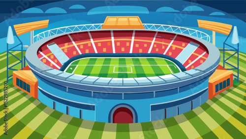 Modern Football Stadium Illustration with Green Field and Seating Area

