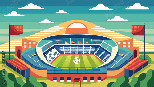 Modern Football Stadium Illustration with Green Field and Seating Area

