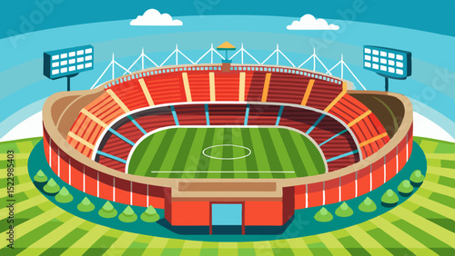 Modern Football Stadium Illustration with Green Field and Seating Area

