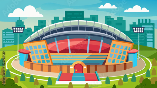 Modern Football Stadium Illustration with Green Field and Seating Area

