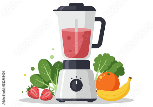 Flat vector of smoothie blender surrounded by fruits and leafy greens