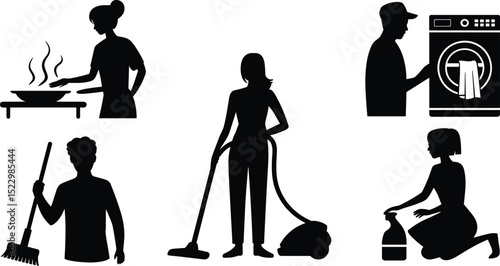 Household chore silhouette vector illustration, people cooking, vacuuming, sweeping, doing laundry, cleaning with detergent