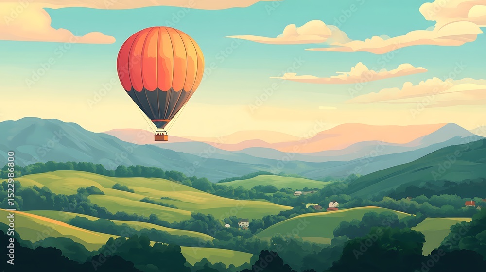 Fototapeta premium Colorful illustration of a hot air balloon over a picturesque valley landscape.